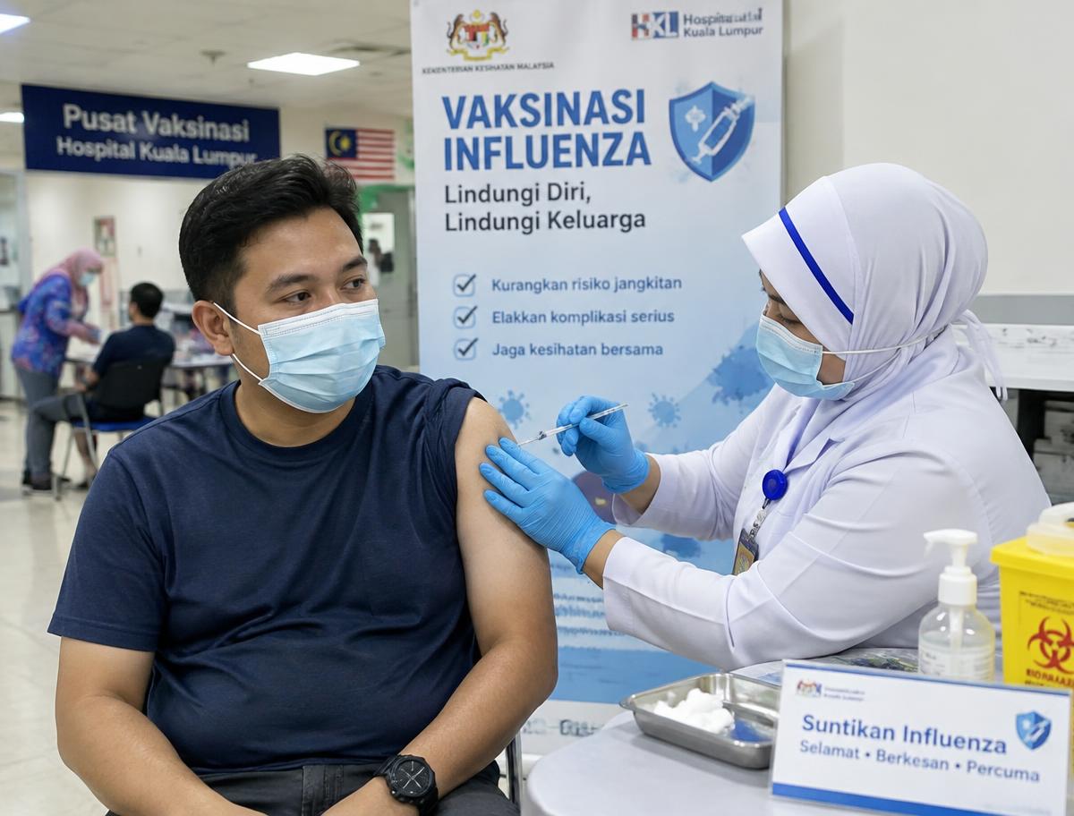 Petugas kesihatan memberi suntikan vaksin influenza