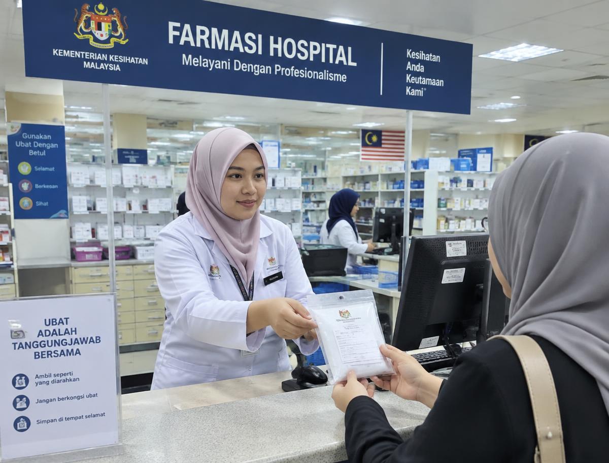 Ahli farmasi menyerahkan ubat kepada pesakit